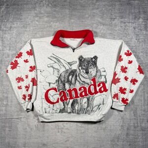 Vtg Nature Sweatshirt Men XL Gray Wolf Quarter Zip Canada Flag All Over Print